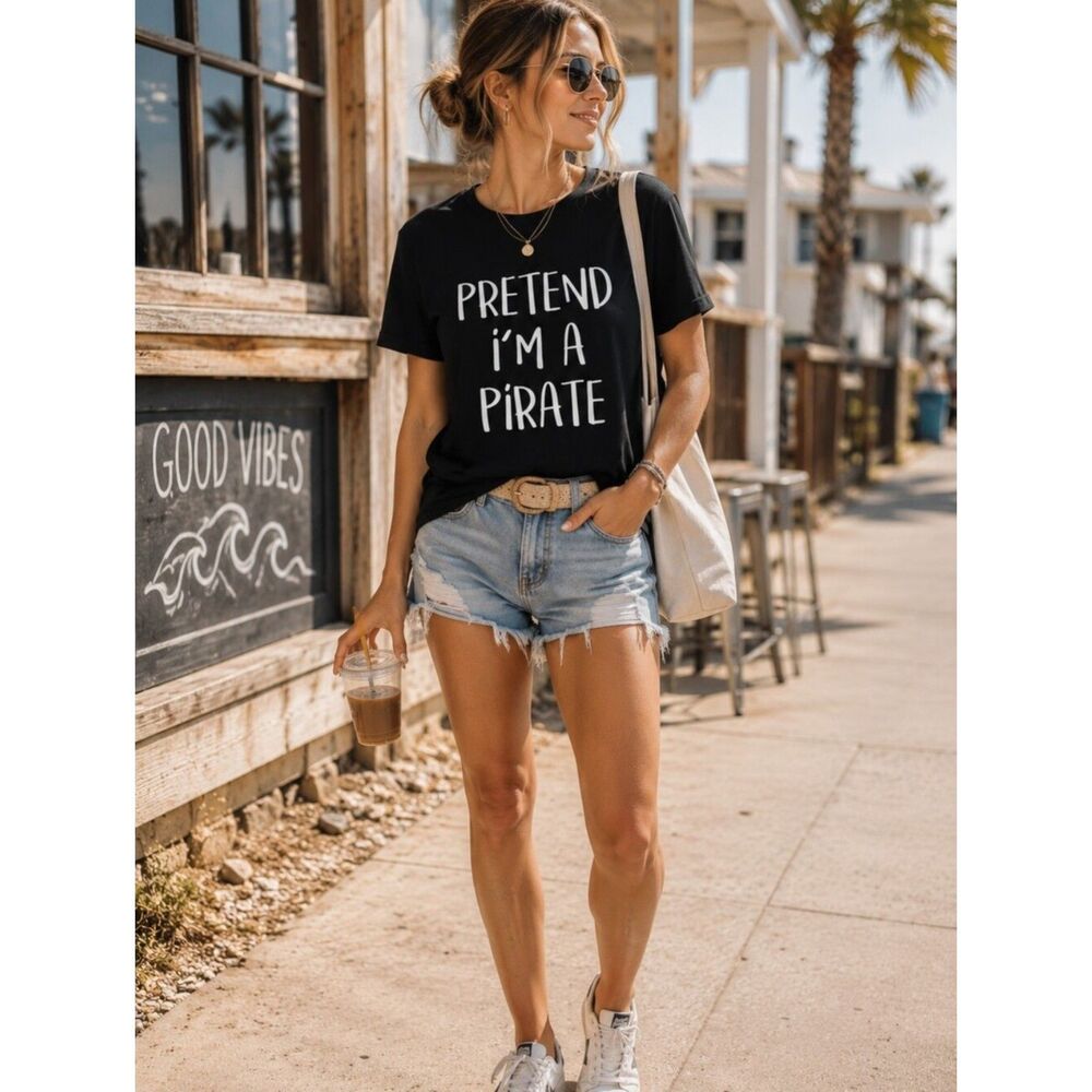 Pretend I'm a Pirate Graphic Tee - Black with White Print Unisex Medium Humor